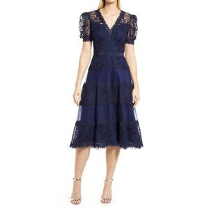 NWT TADASHI SHOJI Fatiha in Royal Navy Floral Lace Chiffon Tea Midi Dress 8